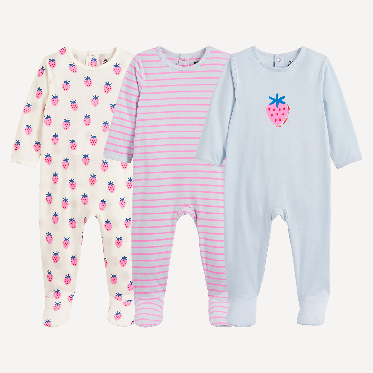 Σετ 3 ολόσωμες πιτζάμες από ζέρσεϊ με φρουτένια μοτίβα και ρίγες