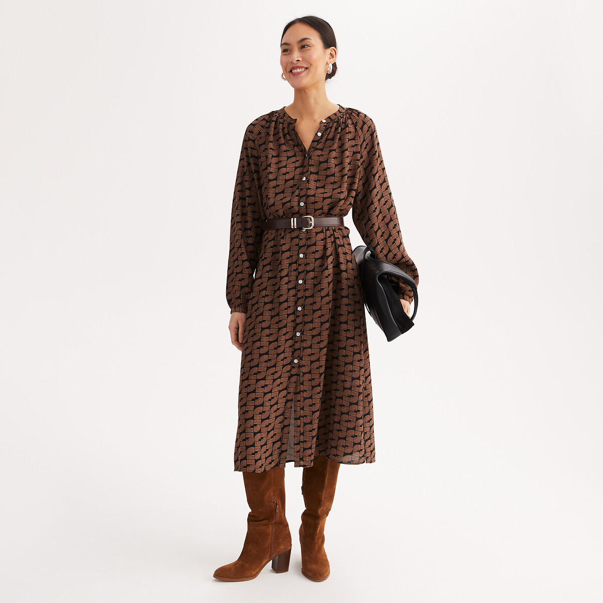 Anne Weyburn Μακρύ ίσιο φόρεμα με γραφικό μοτίβο και μακριά μανίκια