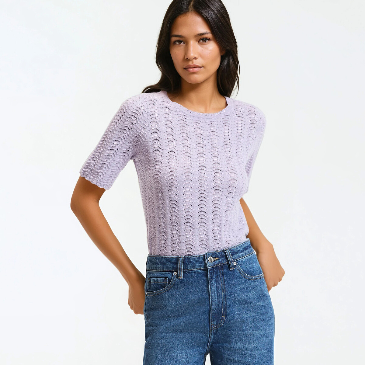 Πλεκτή μπλούζα με στρογγυλή λαιμόκοψη και κοντά μανίκια σε πουαντέλ ύφανση