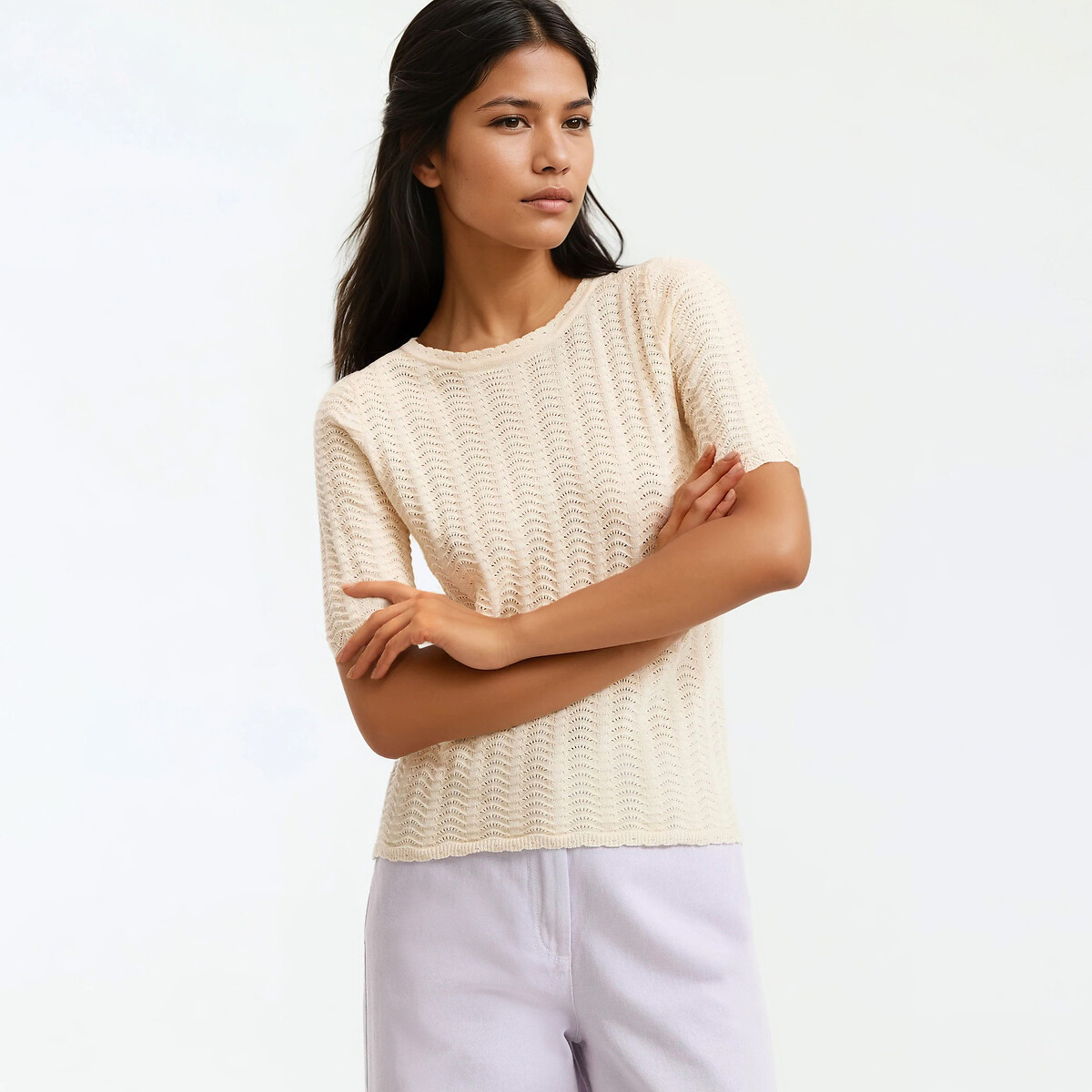 Πλεκτή μπλούζα με στρογγυλή λαιμόκοψη και κοντά μανίκια σε πουαντέλ ύφανση