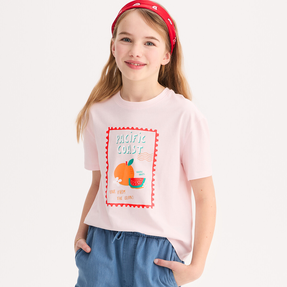 Κοντομάνικο T-shirt με στρογγυλή λαιμόκοψη και στάμπα με φρούτα και μήνυμα μπροστά