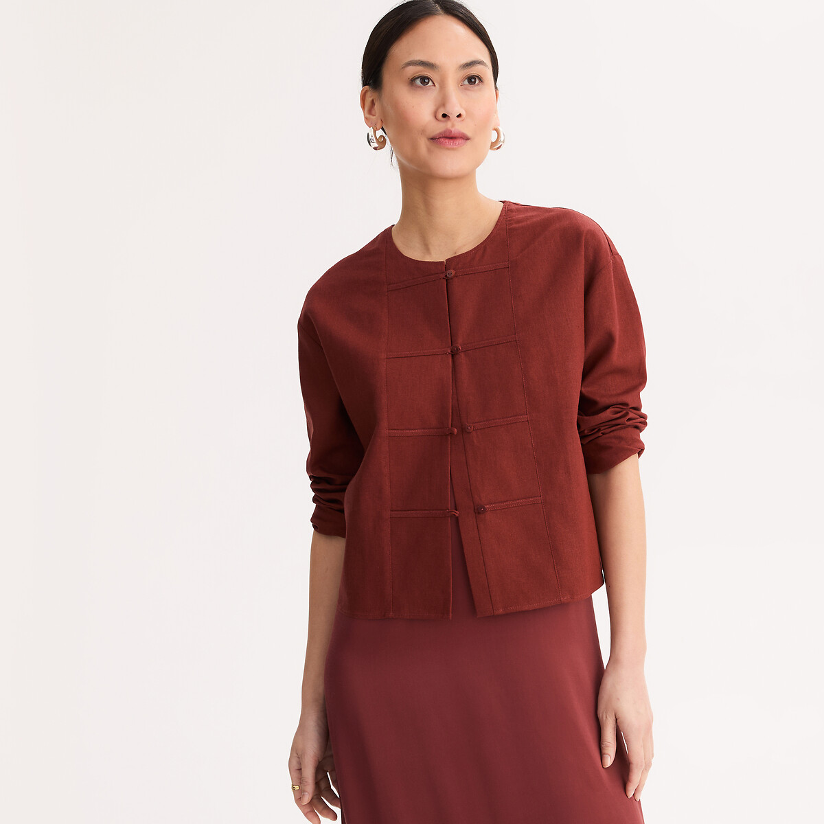 Ίσιο σακάκι με στρογγυλή λαιμόκοψη από λινό και βισκόζη