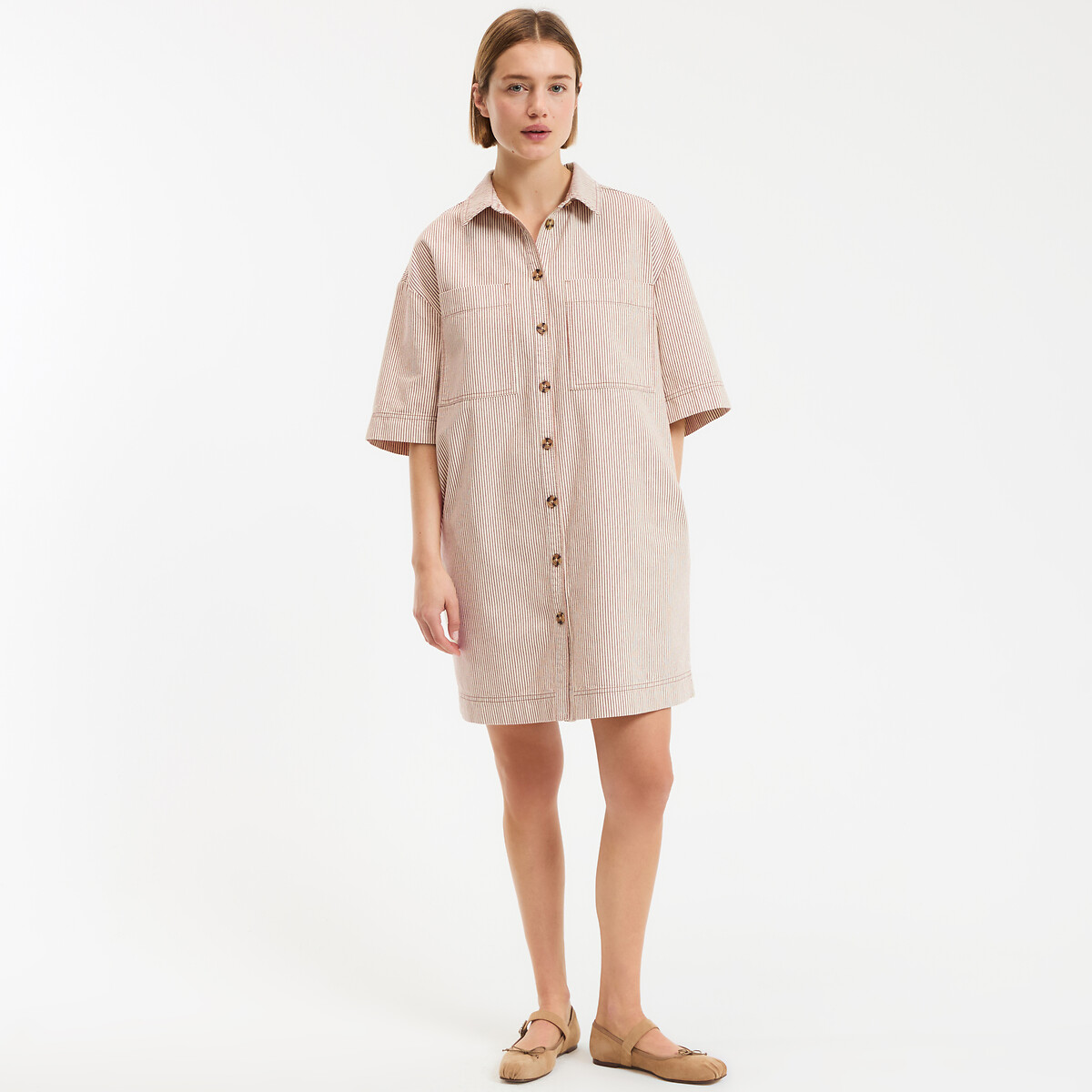 Κοντό φαρδύ φόρεμα με ρίγες από βαμβάκι