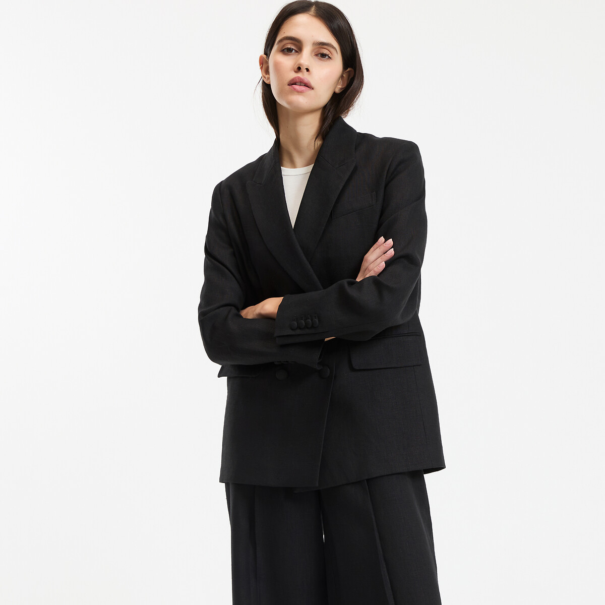 Σταυρωτό σακάκι σε φαρδιά γραμμή από λινό