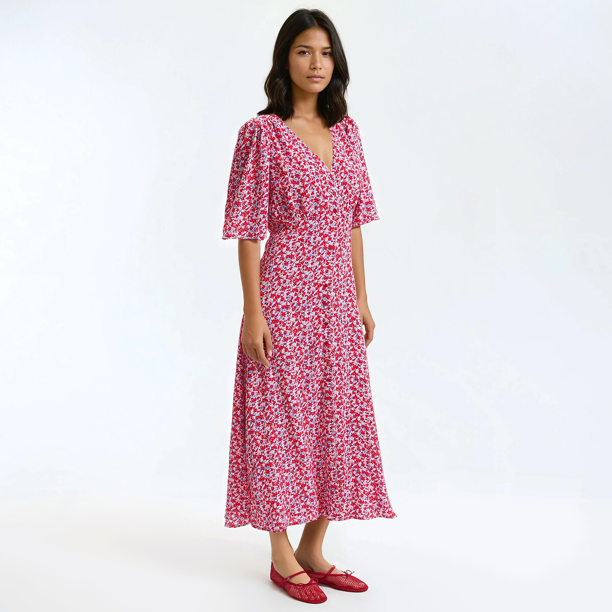 Μακρύ φαρδύ φόρεμα με φλοράλ μοτίβο και κοντά μανίκια