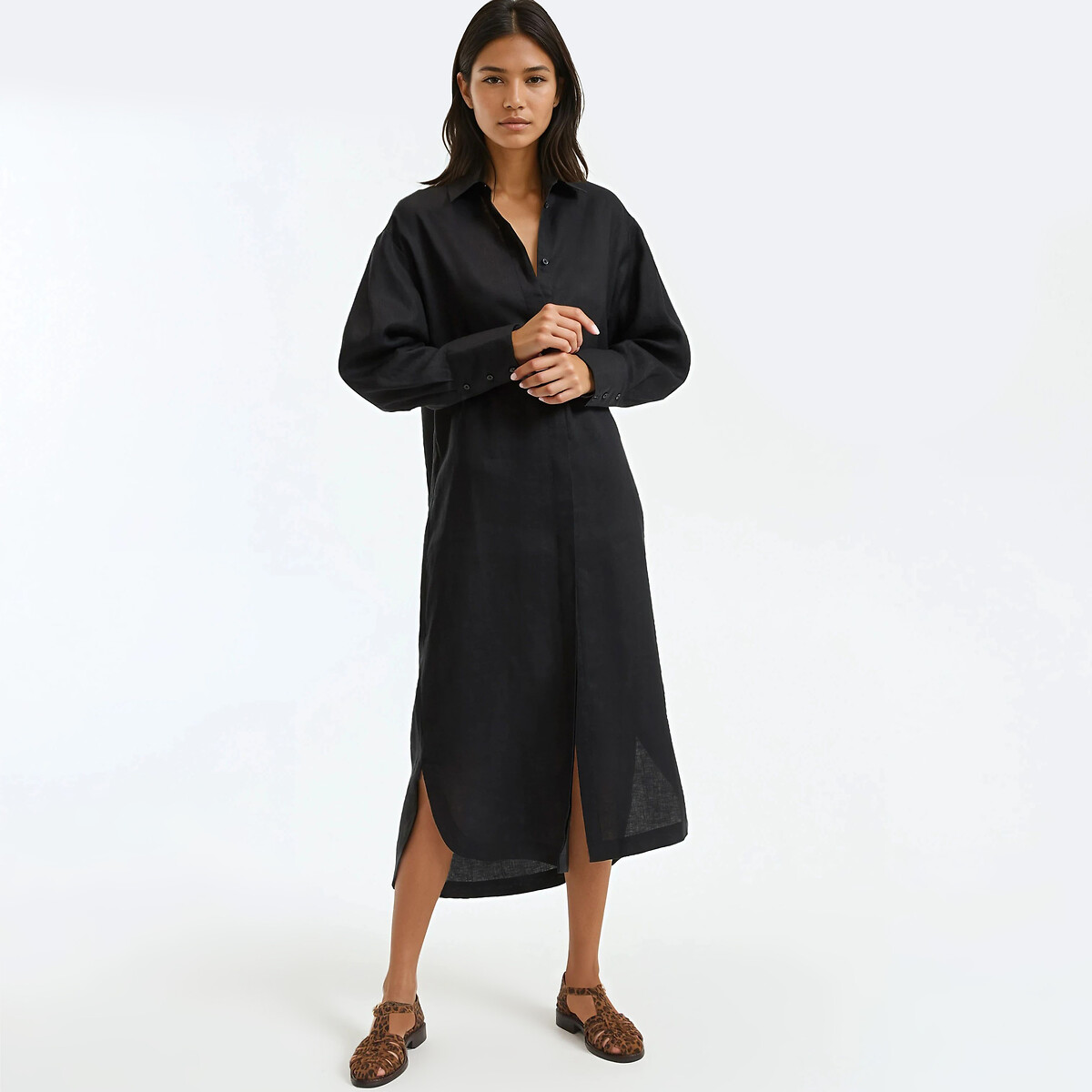 Μακρύ λινό σεμιζιέ φόρεμα με μακριά μανίκια