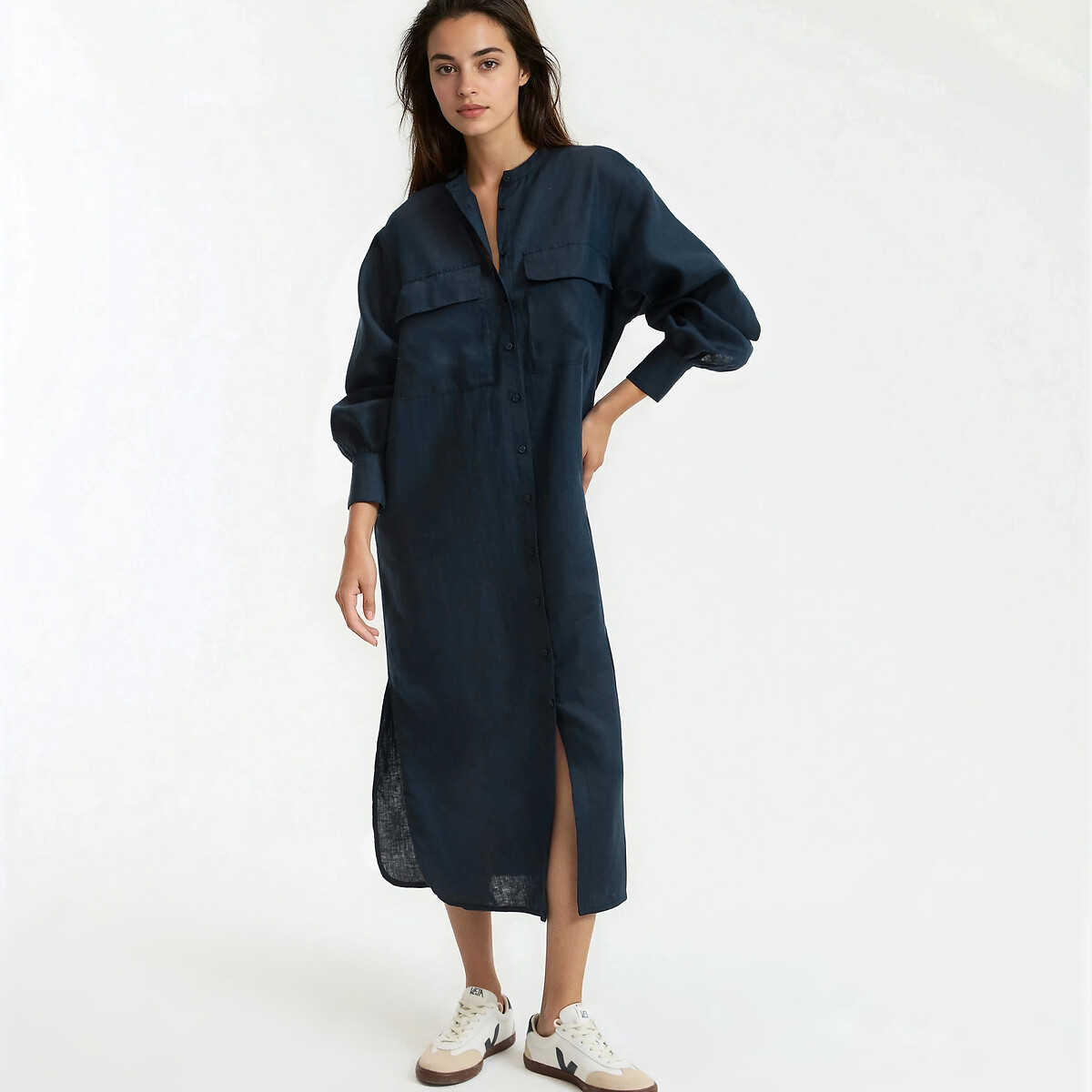 Μακρύ ίσιο φόρεμα από λινό με μακριά μανίκια