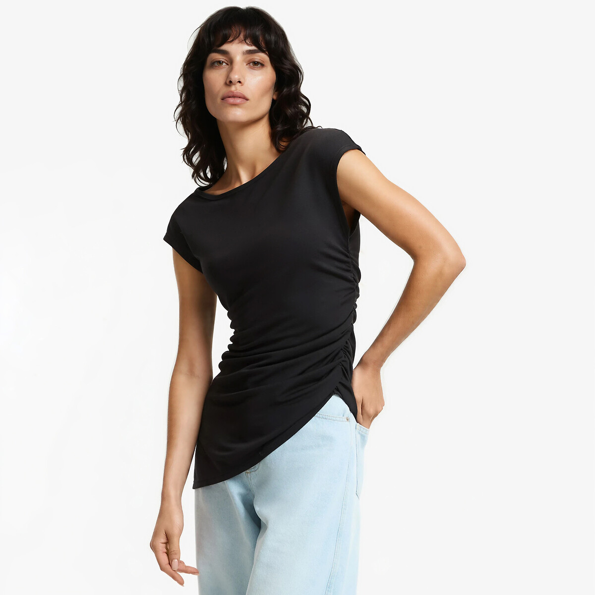 Μπλούζα με ντεκολτέ bateau και κοντά μανίκια με ντραπέ