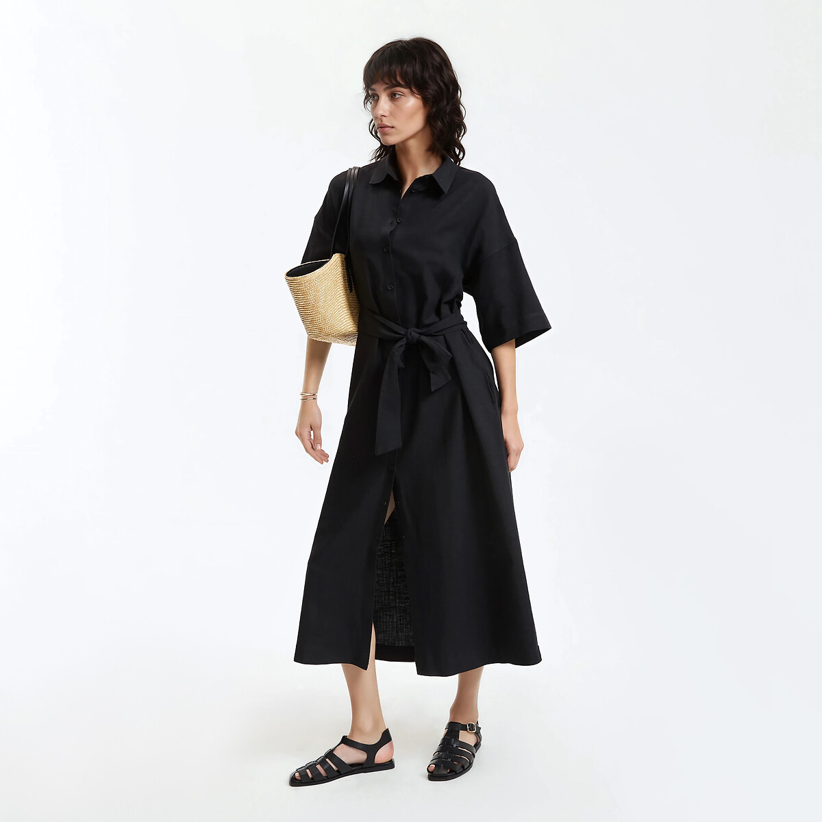 La Redoute Collections Μακρύ σεμιζιέ φόρεμα με κοντά μανίκια και ζώνη