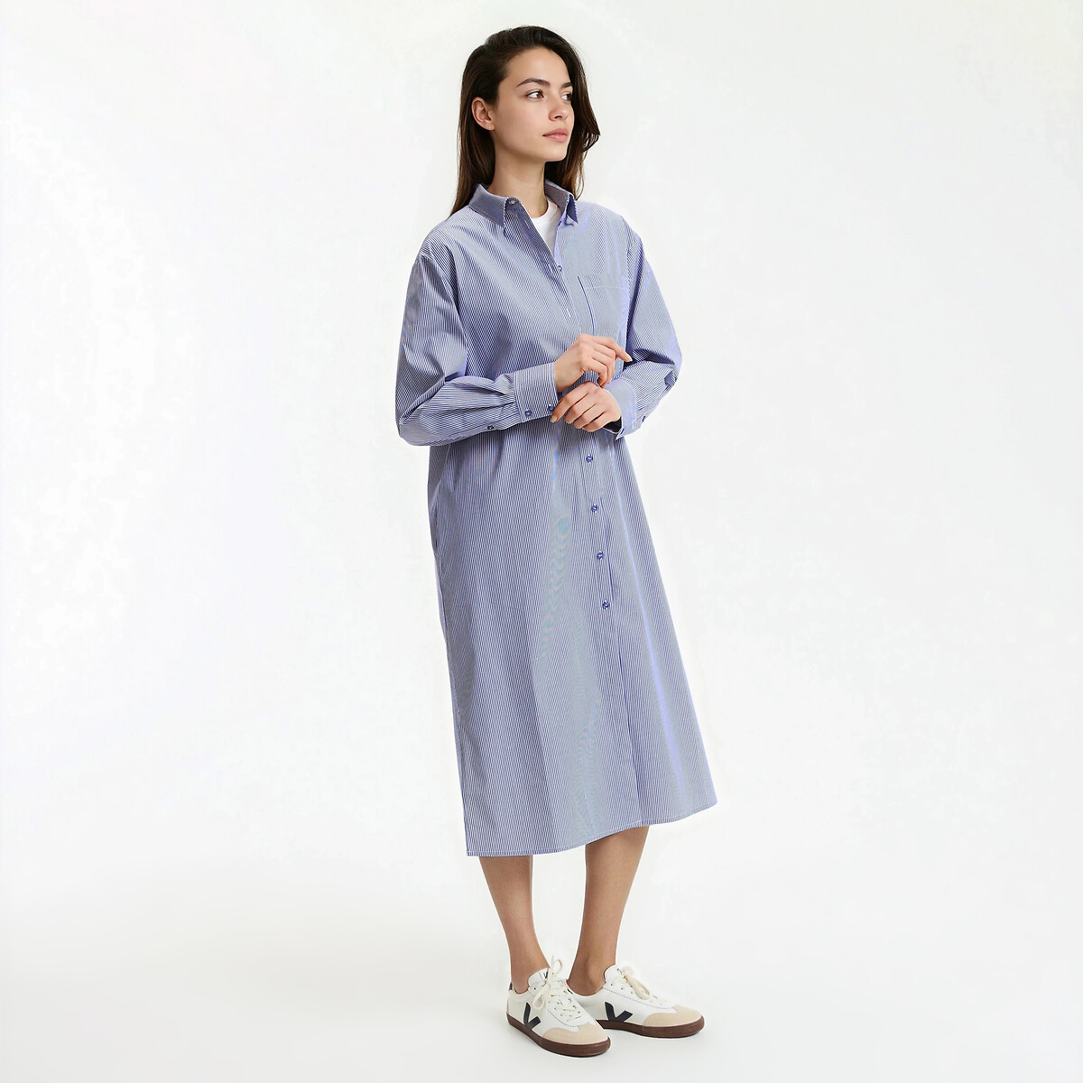 Μακρύ σεμιζιέ φόρεμα με ρίγες και μακριά μανίκια