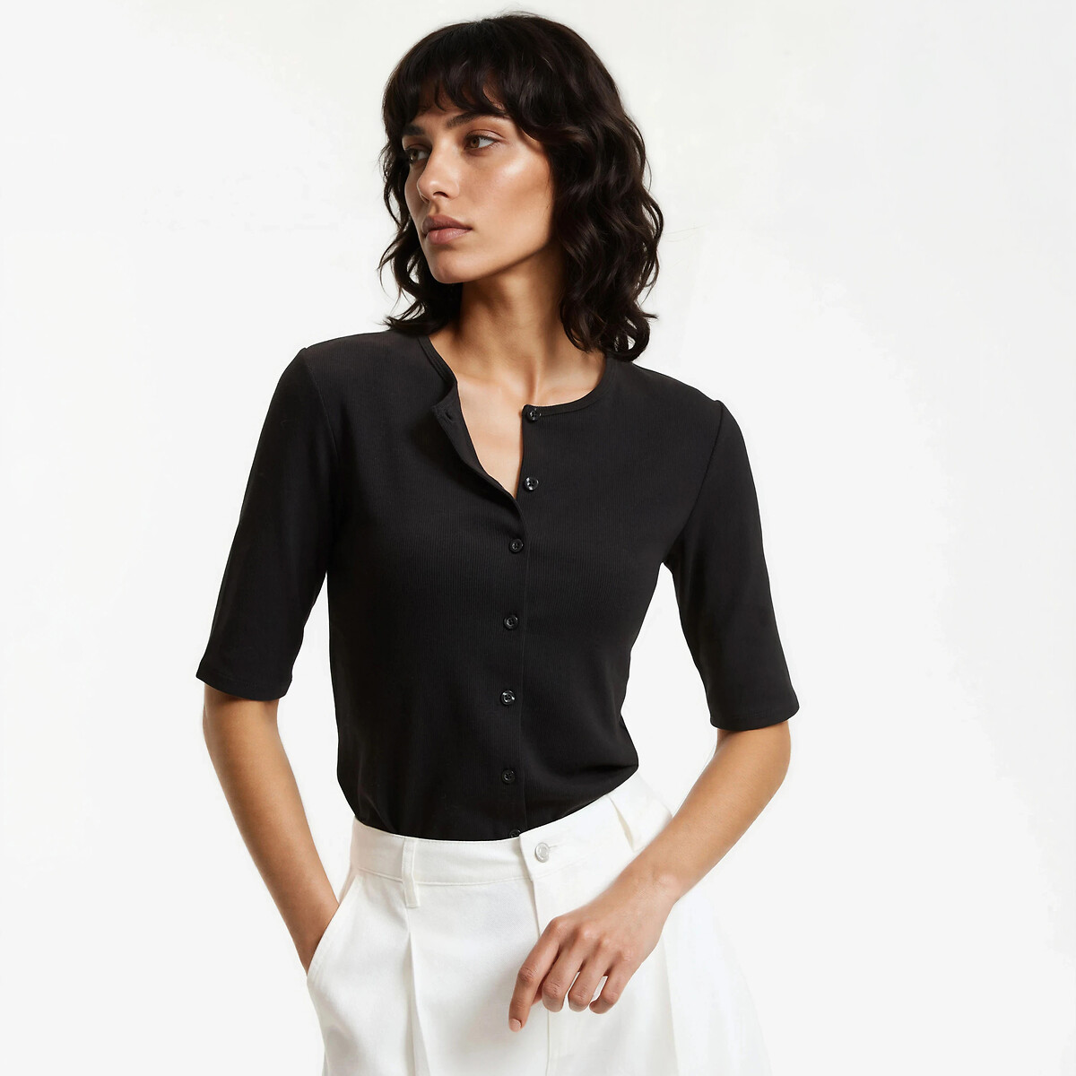 La Redoute Collections Κοντομάνικο μπλουζάκι με κουμπιά και στρογγυλή λαιμόκοψη