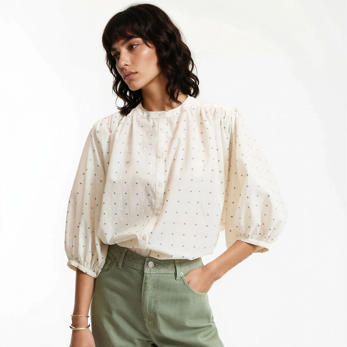 Πουκάμισο oversize με γιακά μάο από κεντημένο βαμβάκι