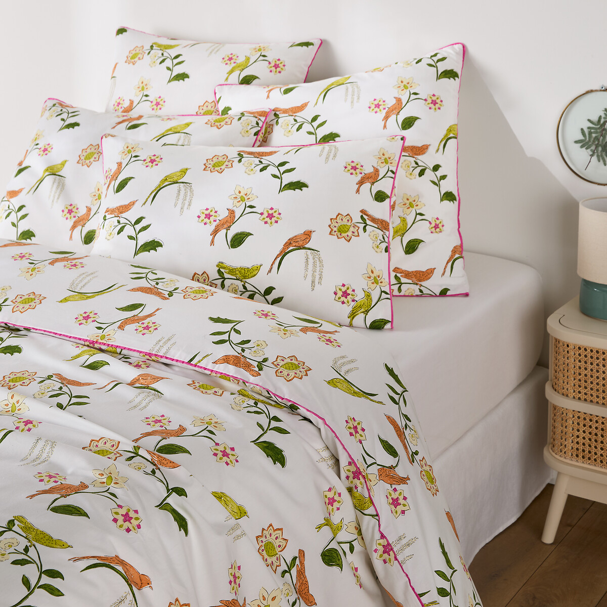 Παπλωματοθήκη από βαμβακερή περκάλινα με σχέδιο πουλιά και λουλούδια 140x200 cm