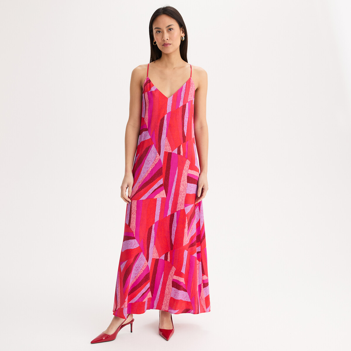 Anne Weyburn Μακρύ φόρεμα με λεπτές τιράντες και στάμπα από βισκόζη
