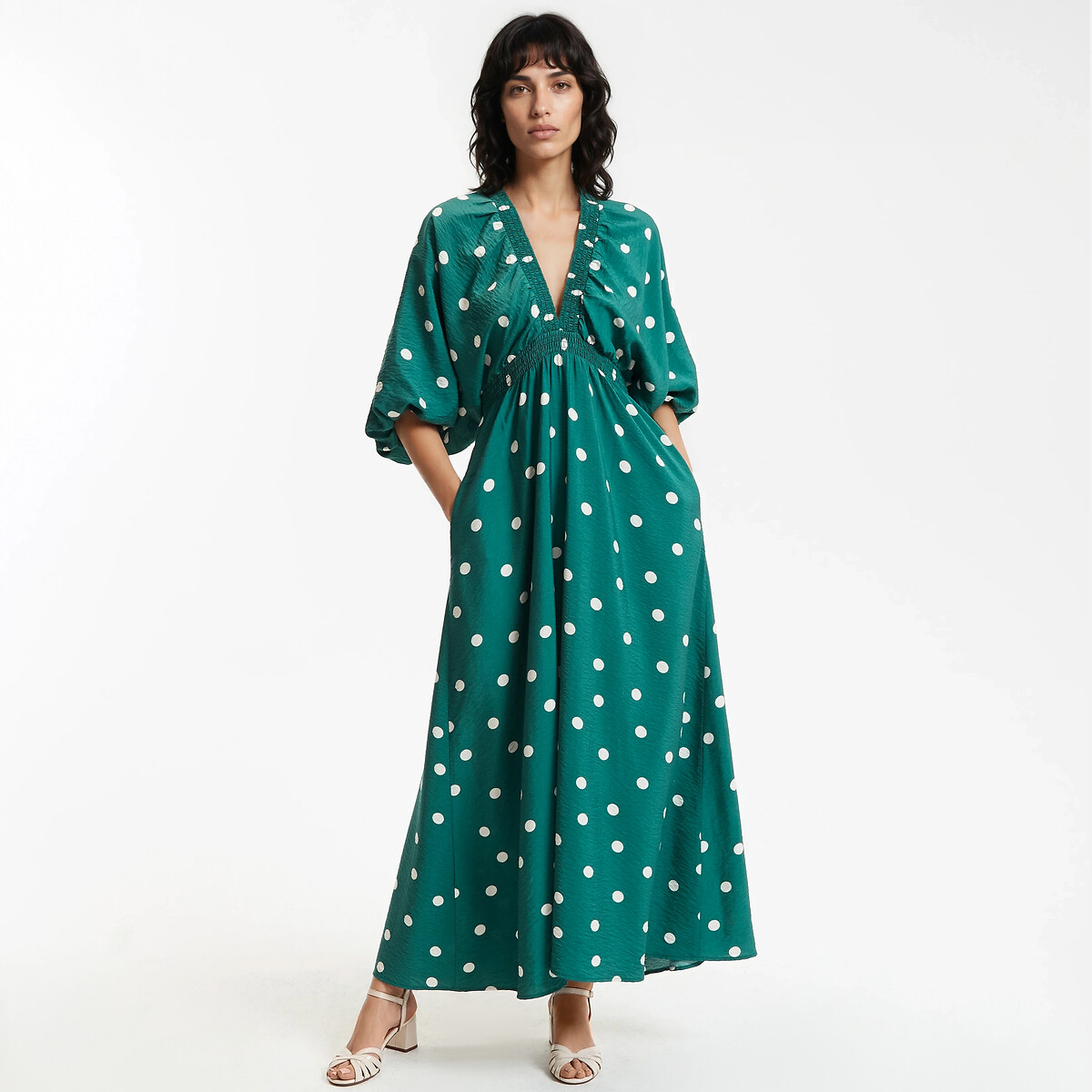 Μακρύ πουά φόρεμα με V ντεκολτέ και μανίκια 3|4