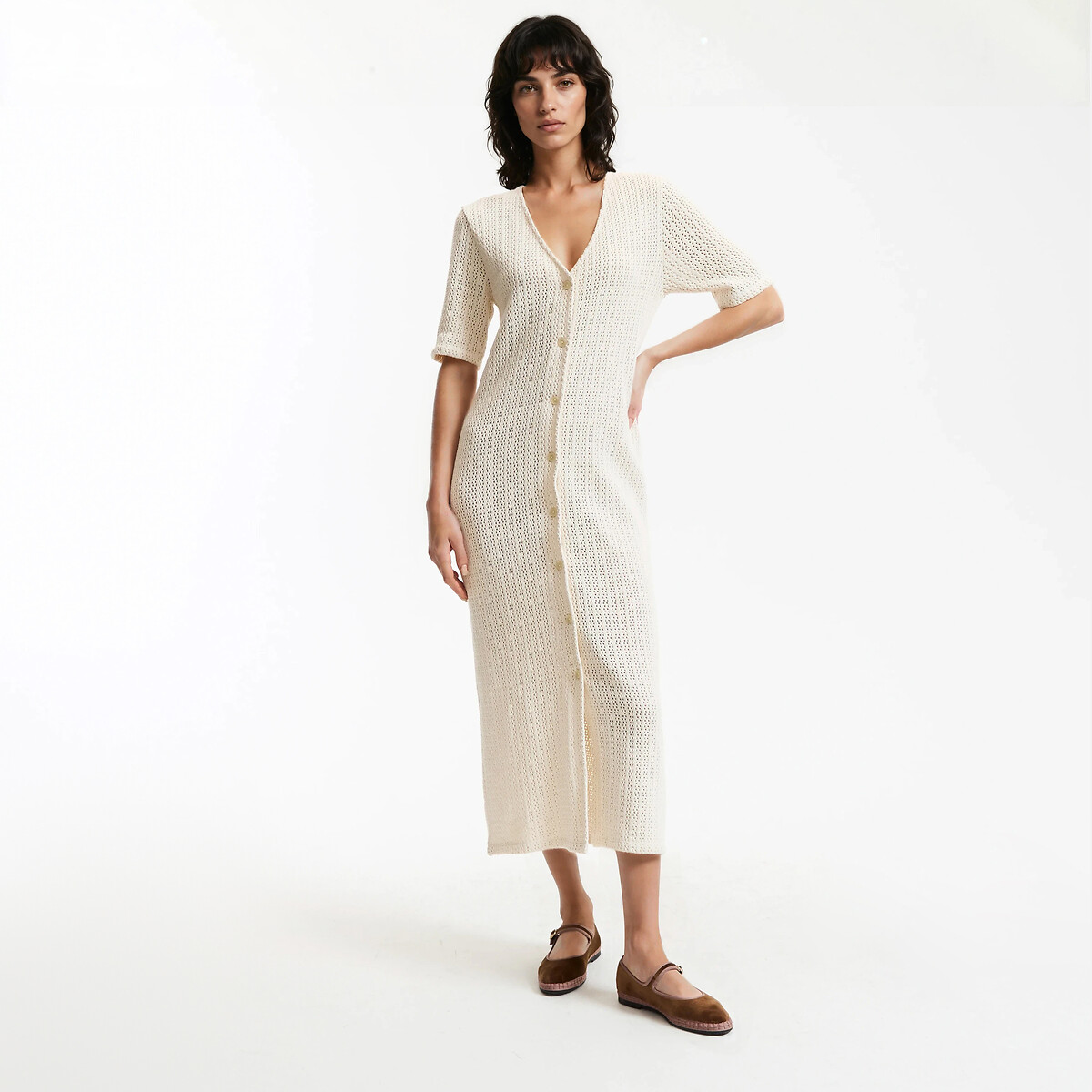 Μακρύ φόρεμα με κοντά μανίκια από πλεκτό pointelle