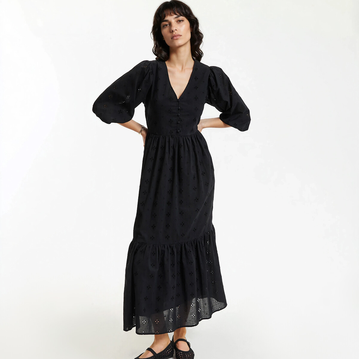 La Redoute Collections Μακρύ φόρεμα με αγγλική δαντέλα και V λαιμόκοψη
