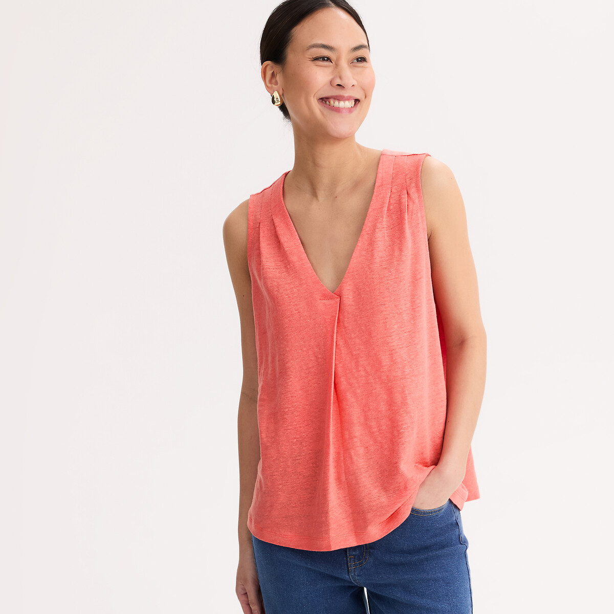 Anne Weyburn Αμάνικο λινό μπλουζάκι με V λαιμόκοψη