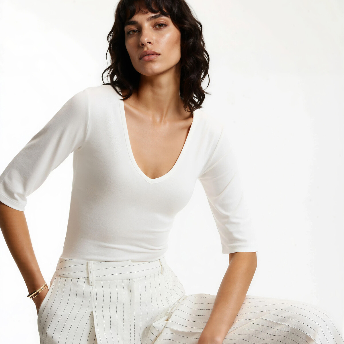 La Redoute Collections Κοντομάνικο μπλουζάκι με V λαιμόκοψη