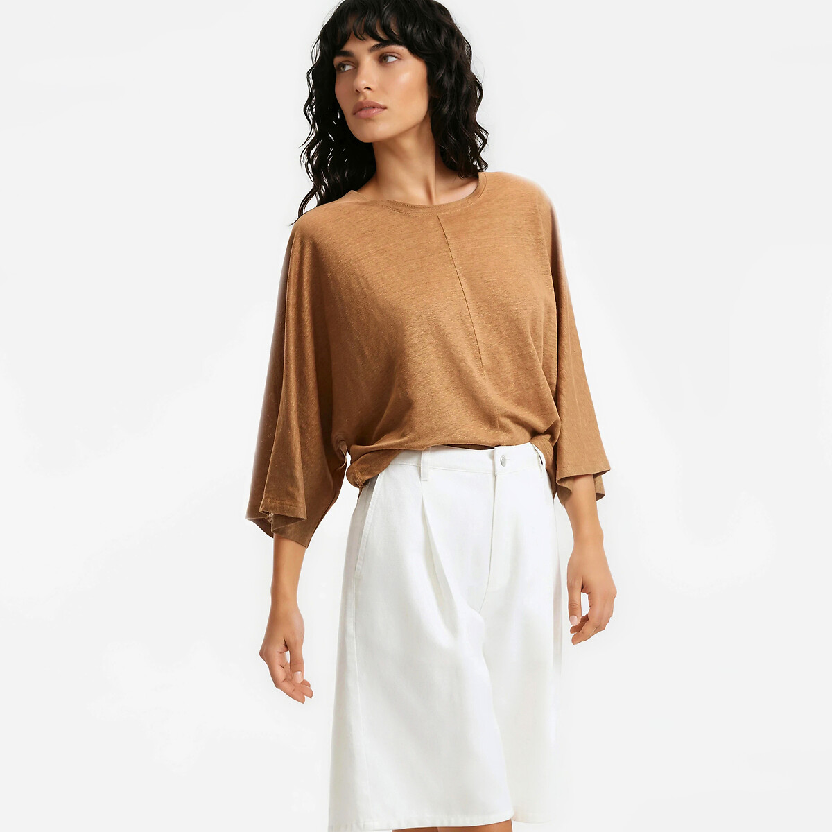 La Redoute Collections Λινό t-shirt με στρογγυλή λαιμόκοψη και φαρδιά μανίκια