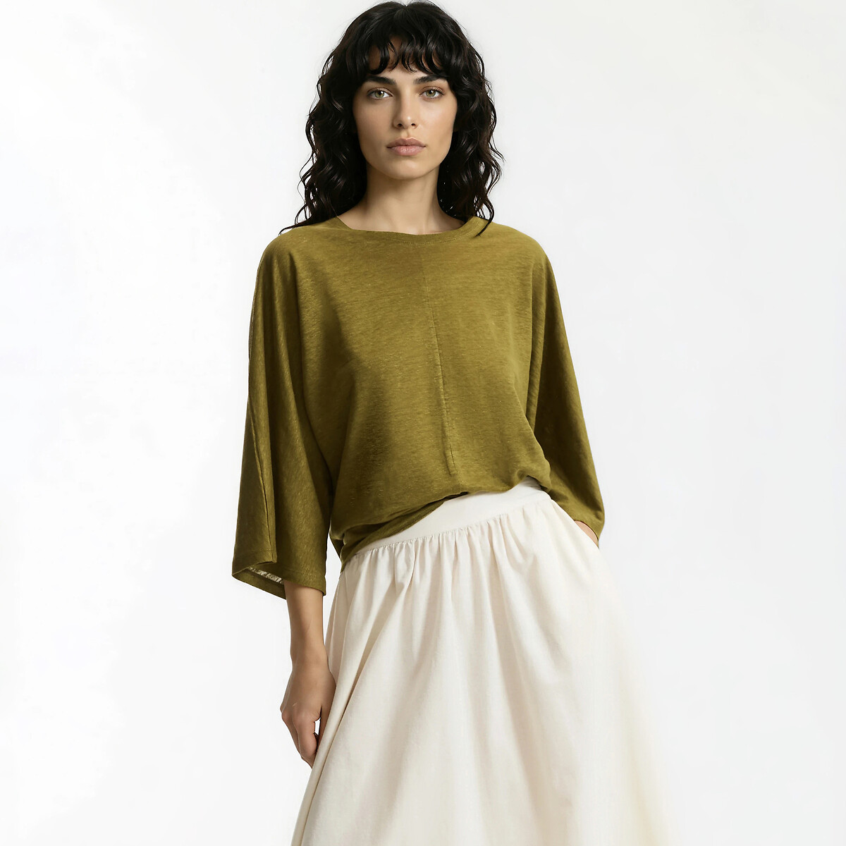 La Redoute Collections Λινό t-shirt με στρογγυλή λαιμόκοψη και φαρδιά μανίκια