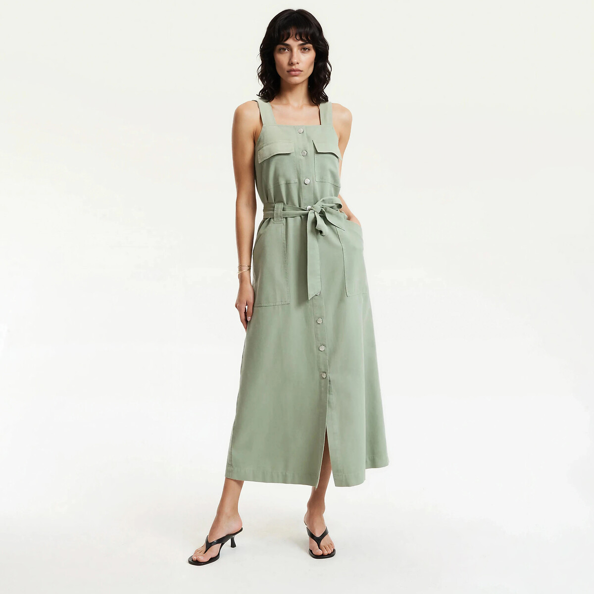 Φόρεμα midi με τιράντες από lyocell και βαμβάκι