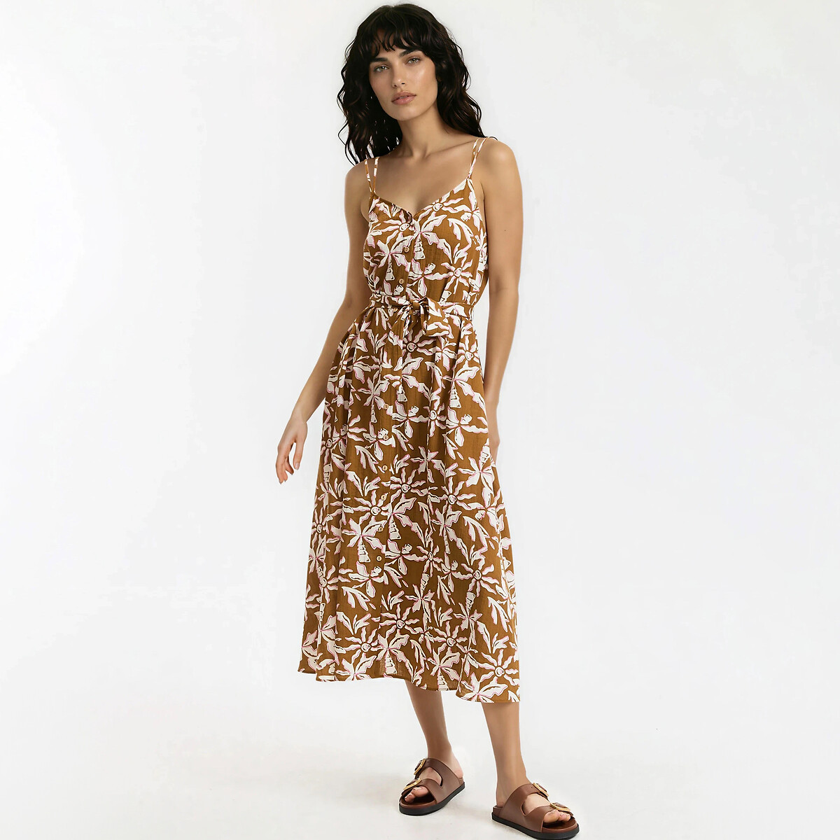 Μίντι φόρεμα με λεπτές τιράντες και φλοράλ μοτίβο