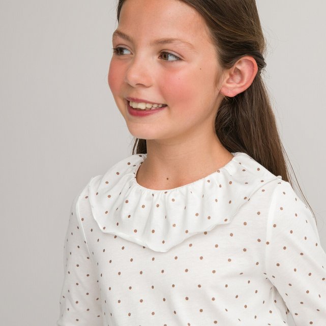 Μπλούζα με στρογγυλή λαιμόκοψη, βολάν και πουά, 3-12 ετών