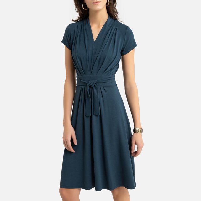 Draped Mid-Length Dress with Tie-Waist