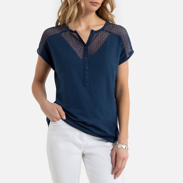 Cotton Lace T-Shirt with Grandad-Collar