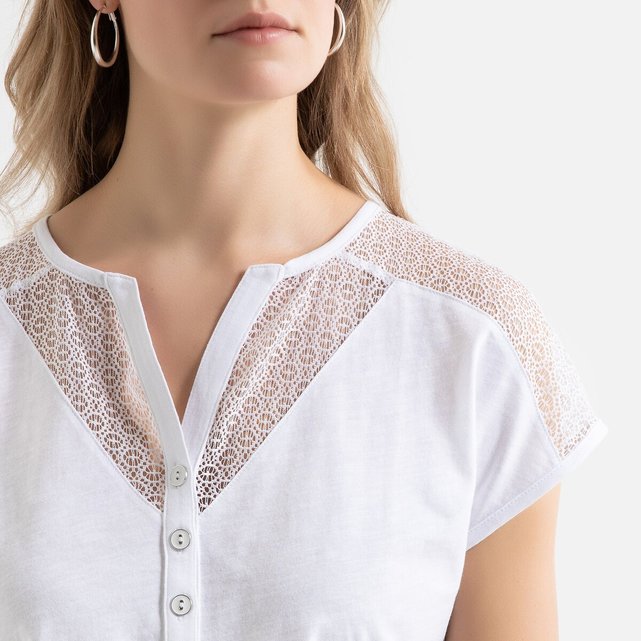 Cotton Lace T-Shirt with Grandad-Collar