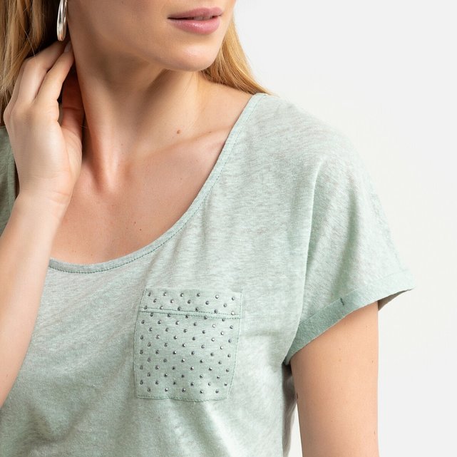 Κοντομάνικη λινή μπλούζα με στρογγυλή λαιμόκοψη