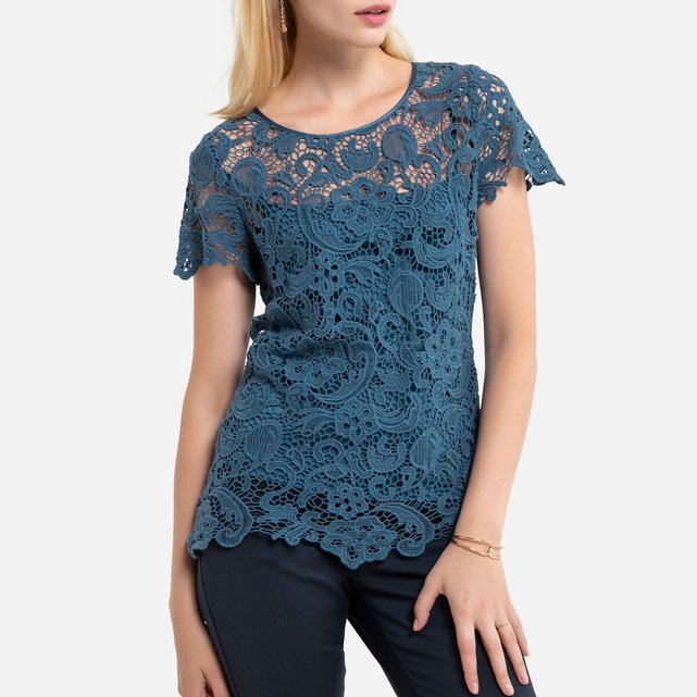 2-in-1 Lace Top with Cami and Short Sleeves