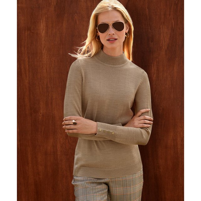 Merino Wool Mix Fine Knit Jumper Sweater with High Neck