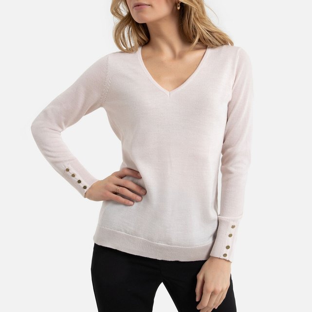 Merino Wool Mix V-Neck Jumper Sweater with Buttoned Cuffs