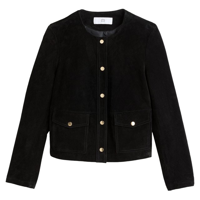 Suede Cropped Jacket with Press-Stud Fastening