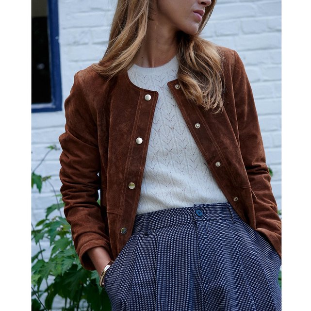 Suede Cropped Jacket with Press-Stud Fastening