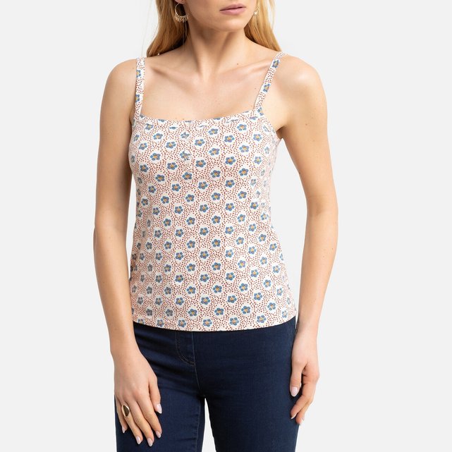 Αμάνικη εμπριμέ μπλούζα με τετράγωνο ντεκολτέ και λεπτές τιράντες