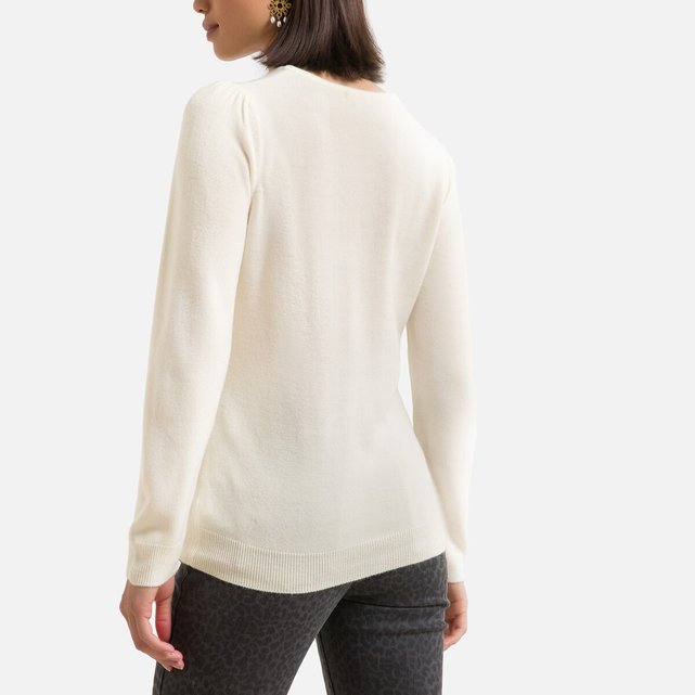 Soft Fine Knit Jumper Sweater with Crew Neck and Gathered Sleeves