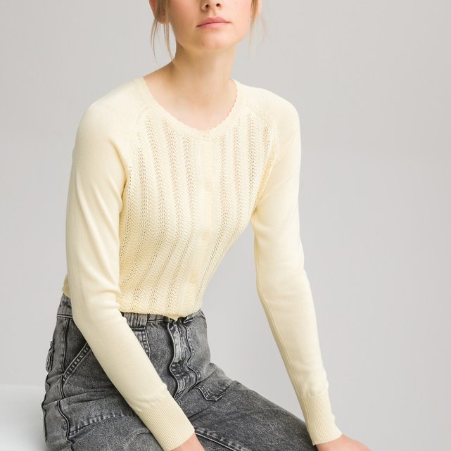 Recycled Cotton Cardigan in Fine Knit with Buttons and Crew Neck