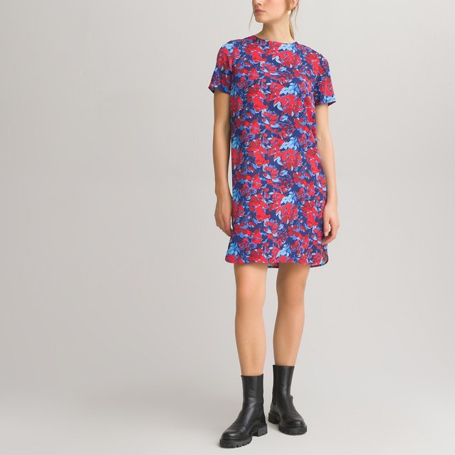 Κοντομάνικο ριχτό φόρεμα με στρογγυλή λαιμόκοψη και εμπριμέ μοτίβο