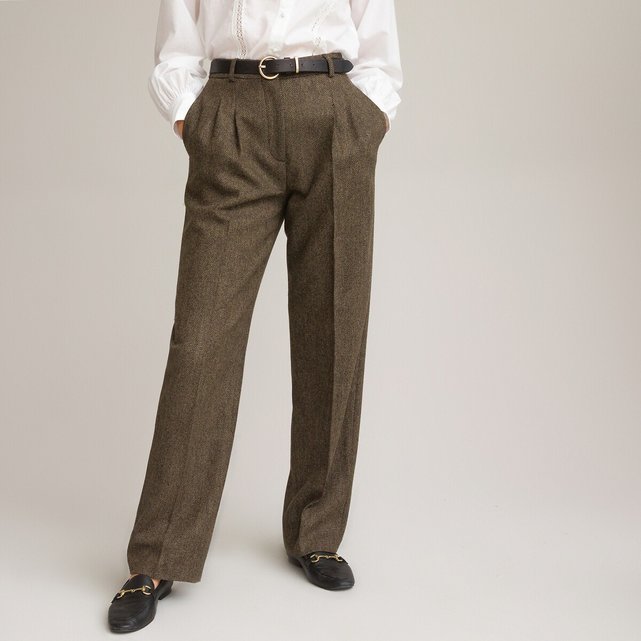 Ίσιο μάλλινο παντελόνι με πένσες και μοτίβο ψαροκόκκαλο