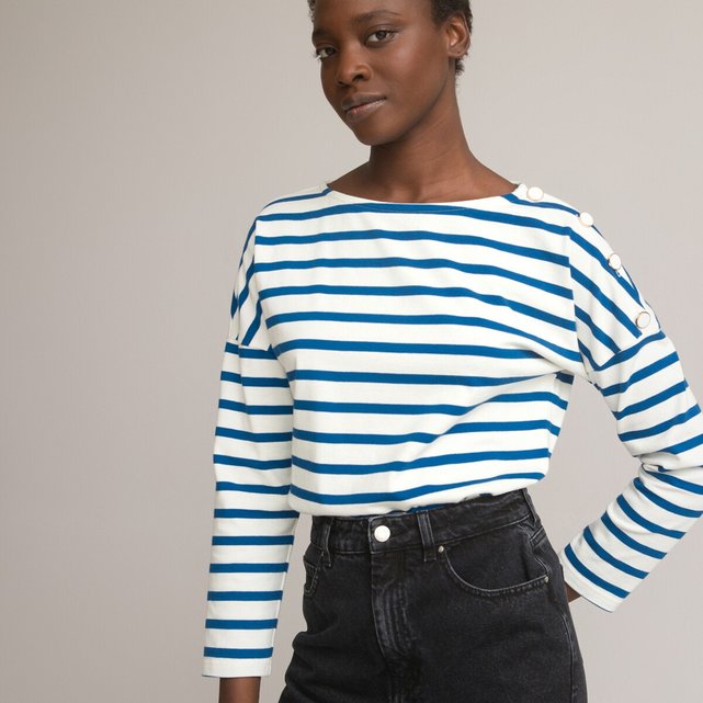 Breton Striped Cotton T-Shirt with Crew Neck