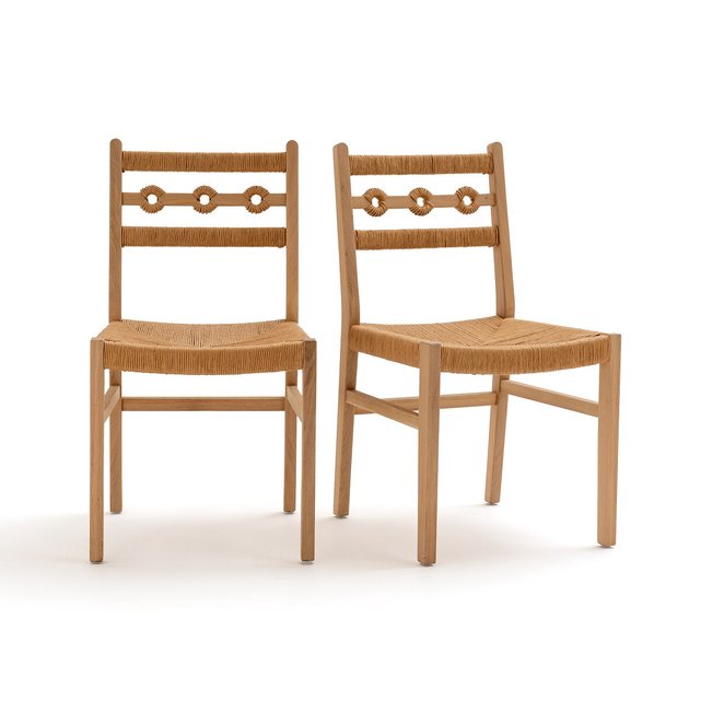 Σετ 2 καρέκλες από ξύλο δρυ και πλεγμένη ψάθα, Menorca
