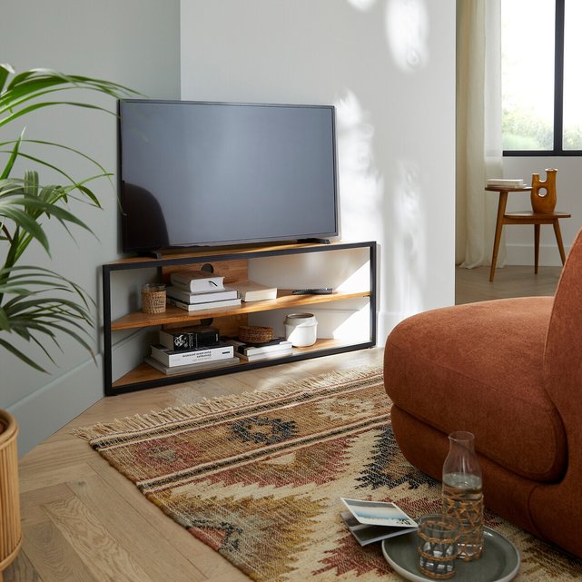 Γωνιακό έπιπλο τηλεόρασης από μασίφ ξύλο δρυ και μέταλλο, Hiba