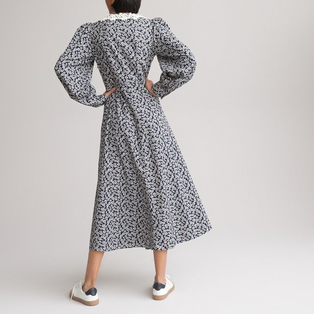 Φόρεμα με δαντελένιο γιακά, μακριά μανίκια και φλοράλ μοτίβο