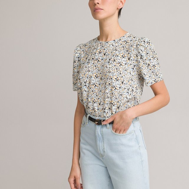 Φλοράλ μπλούζα με στρογγυλή λαιμόκοψη