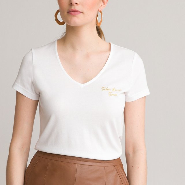 Κοντομάνικη μπλούζα με V από βαμβάκι & μοντάλ