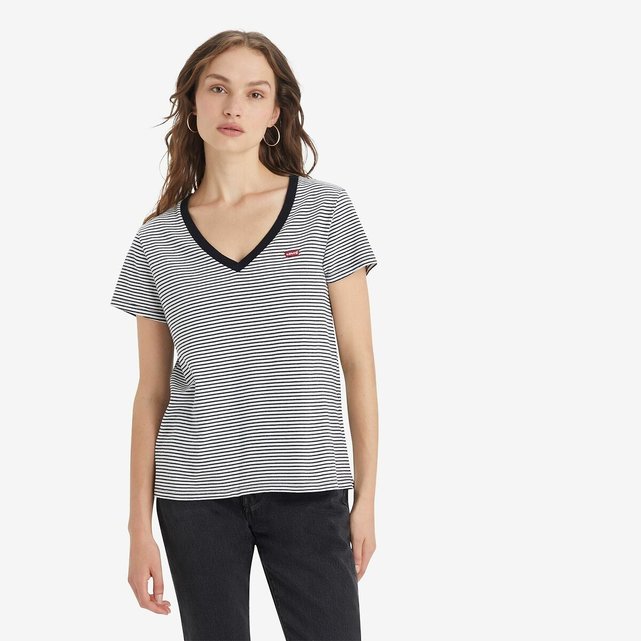 Ριγέ T-shirt με V και λογότυπο μπροστά