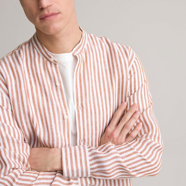Μακρυμάνικο λινό πουκάμισο με μάο γιακά και ρίγες